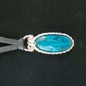 Sterling Silver Wire Wrapped Chrysocolla Pendant on Leather Necklace